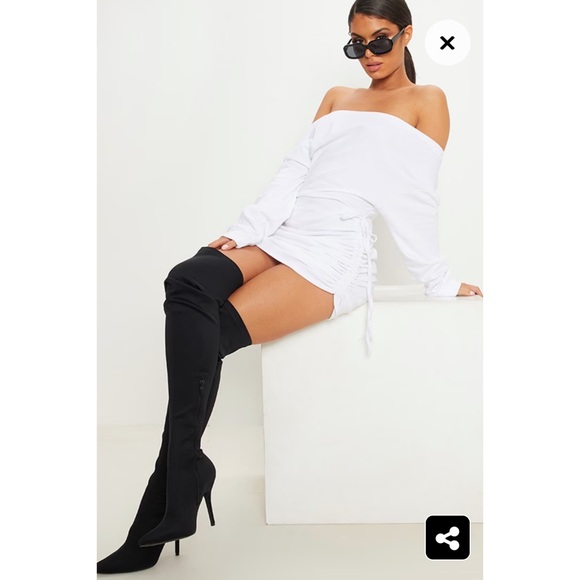 Pretty Little Thing, White Bardot Ruched Side Sweat Sweatshirt Dress, Si… - Picture 4 of 8